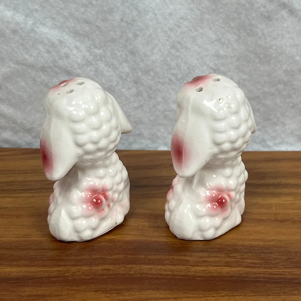 Vintage Japan Ceramic Lamb Salt and Pepper Shakers Pink White Kitsch Set